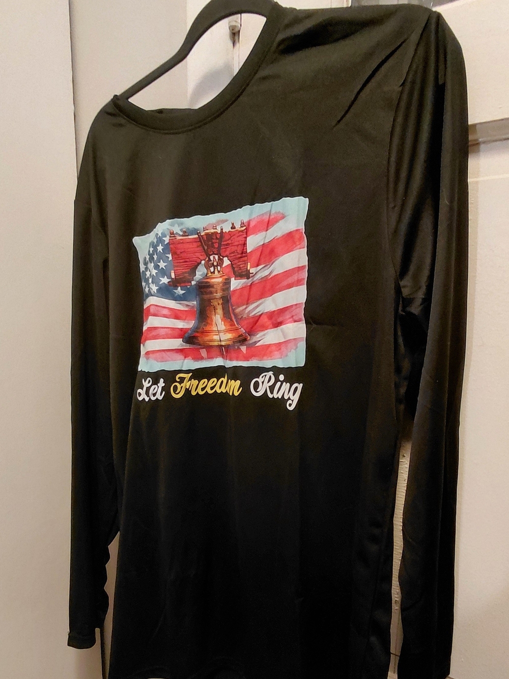 Source Unknown Black Long Sleeve Tee with American Flag Liberty Bell Graphic